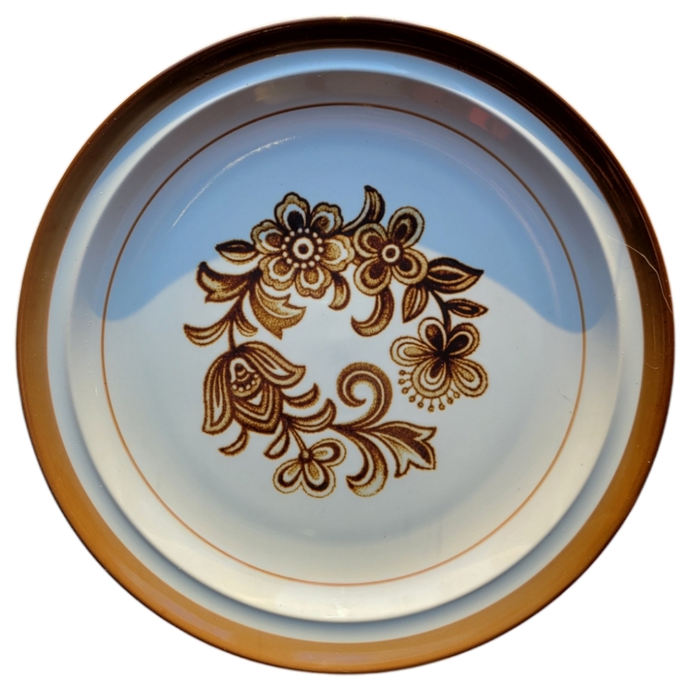 Vtg Chop Plate Merchandise Service Brown Monterrey Band & Verge Floral Bowl 12"